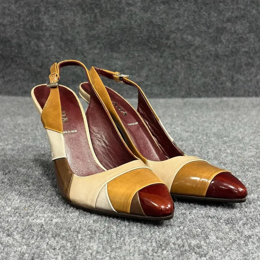 PRADA Shoes Womens 6 Multicolor Patchwork Slingback Heels Warm Toned Italy